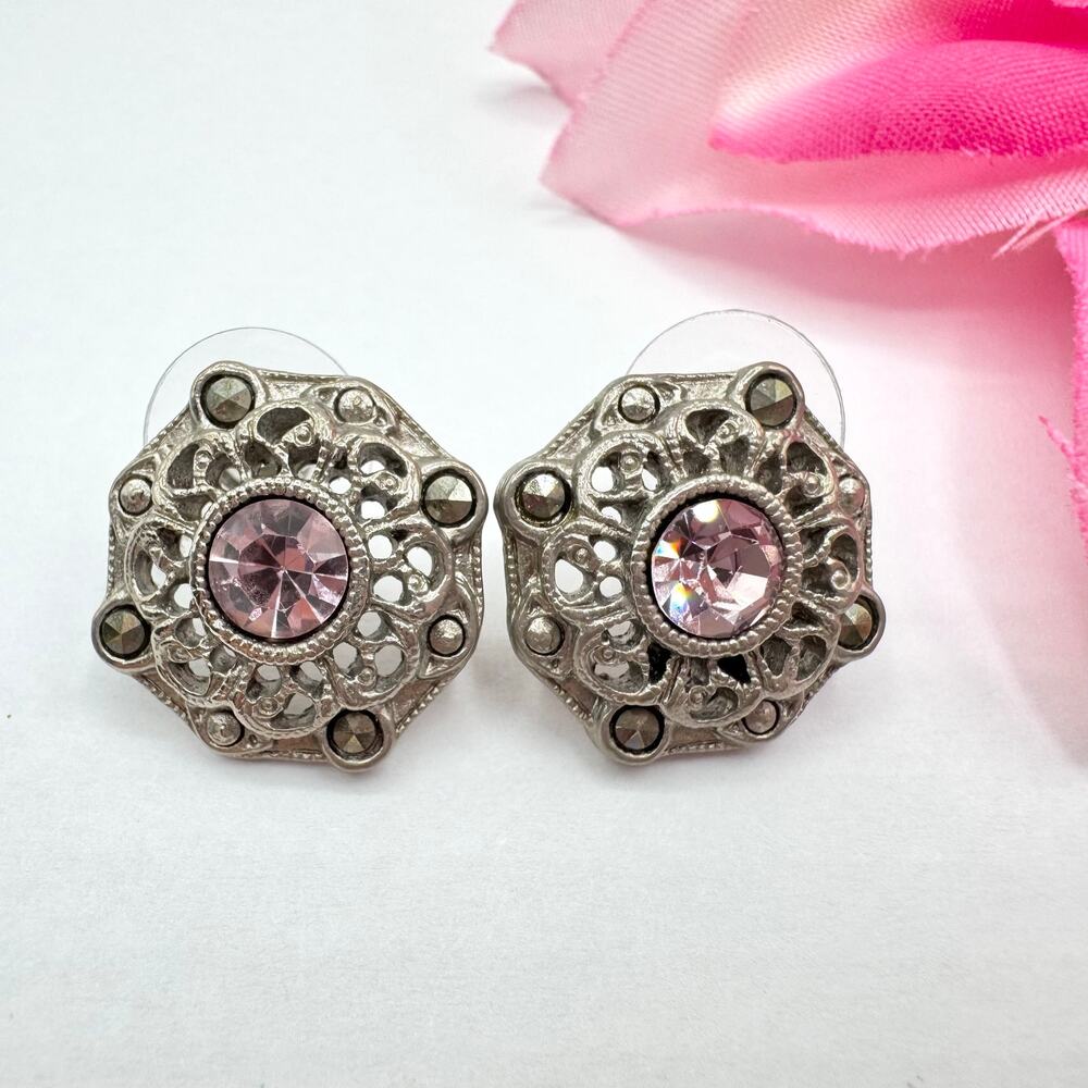 Vintage 1928 Pink Rhinestone Earrings Filigree Victorian Revival Silver Tone